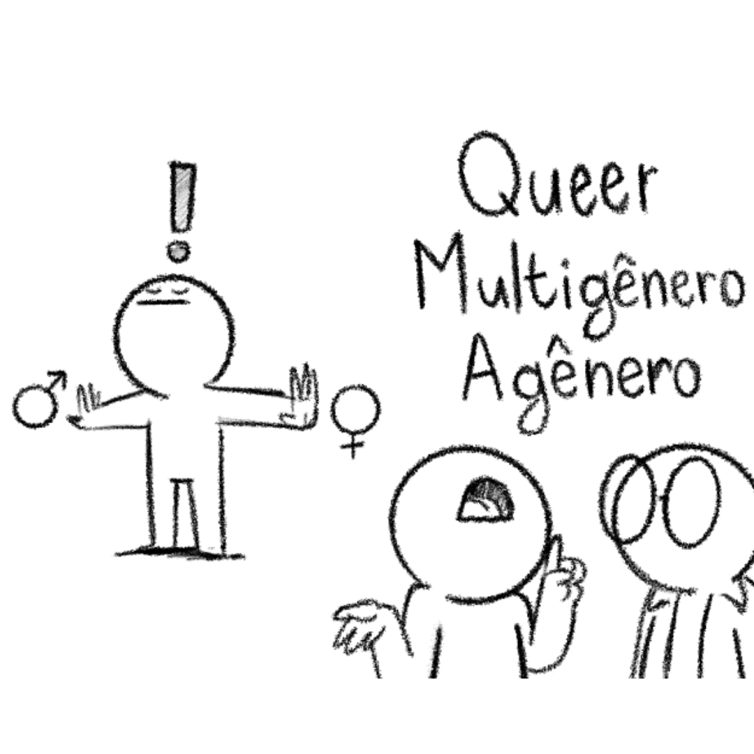 imagem pessoas cartoon gêneros não binários, com texto: 'Queer', 'Multigênero', 'Agênero'